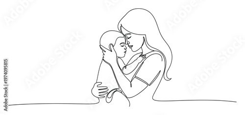 Continuous line drawing capturing a tender moment of a mother embracing her child, symbolizing love and family bond, perfect for emotional graphic designs and maternal themes