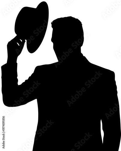 Black Silhouette of a Man in a Suit Tipping His Fedora Hat Isolated on White Background