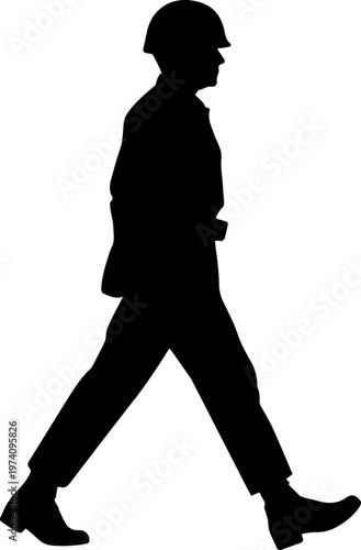 Silhouette of a Soldier Walking in Profile Military Man in Uniform with Helmet Vector Graphic