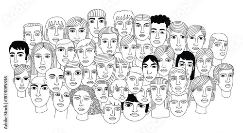 A crowded group of diverse hand drawn line faces representing community and people together for social media, abstract projects, and conceptual themes