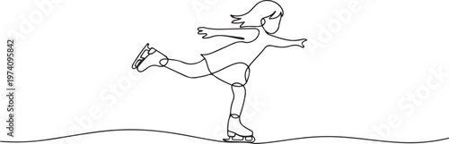 continuous line drawing of young girl playing ice skating in the ice area isolated on white background. one line art icon drawing vector