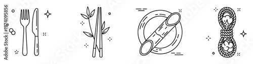 Sustainable living and eco friendly product icons illustrating standard cutlery, bamboo chopsticks, reusable straws, and natural cotton rope, perfect for conscious consumer marketing and