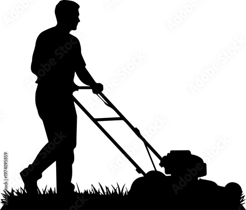 Silhouette of a Man Mowing a Lawn with a Push Mower Vector Graphic for Landscaping and Gardening Concepts