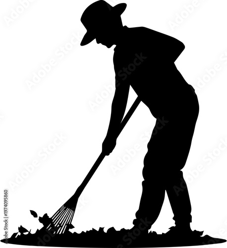 Silhouette of a Man Wearing a Hat Raking Fallen Autumn Leaves in a Garden Vector Illustration