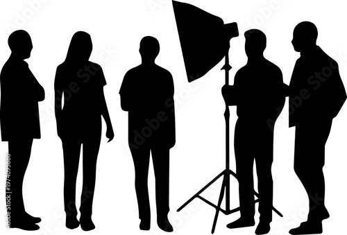 Black Silhouette of Photography Production Crew and People in Studio with Lighting Equipment Vector Illustration