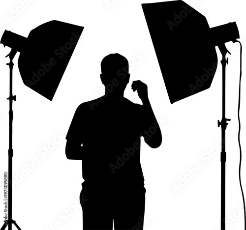 Black Silhouette of a Man Standing with Studio Softbox Lights Isolated on White