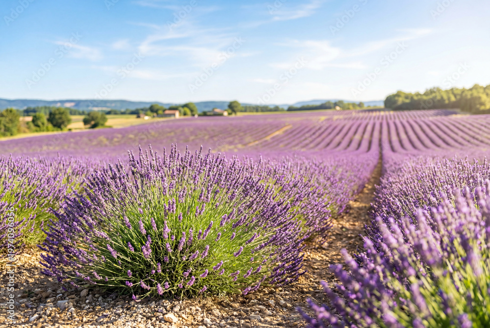 Fototapeta premium Large field of blooming purple lavender under a bright clear sky