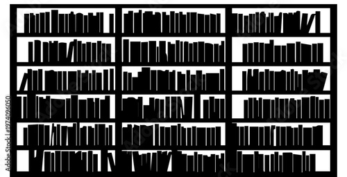 Black Silhouette Bookshelf Vector Graphic with Rows of Books