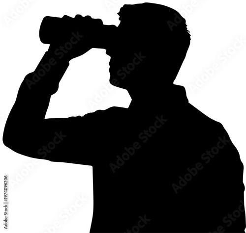 Black Silhouette of Man Looking Through Binoculars Isolated on White Background