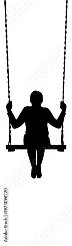 Black Silhouette of a Child Sitting on a Swing Back View Isolated on White Background