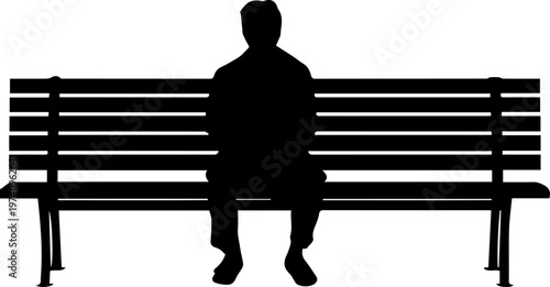 Black silhouette of a man sitting alone on a park bench isolated on white background frontal view vector illustration