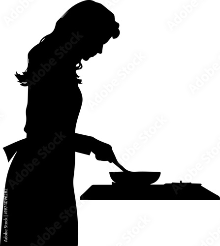 Black silhouette of a woman wearing an apron and stirring food in a bowl on a kitchen counter