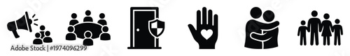 Icons of megaphone, meeting, secure door, hand with heart, hugging people, and family for communication, community, safety, and care concepts in presentations and informational graphics