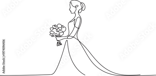 Bride holding a bouquet continuous line drawing.One line bride silhouette side view wearing a wedding dress. one line art icon drawing vector