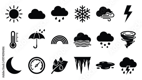 Comprehensive collection of minimalist weather forecast symbols and atmospheric condition icons for various digital interfaces, educational resources, and meteorological applications.