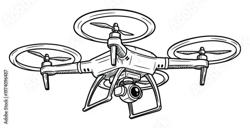 Detailed line art drawing of a professional quadcopter drone equipped with a high definition camera for capturing stunning aerial views and cinematic footage in various media projects.
