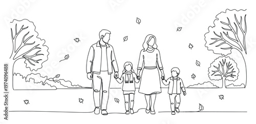 Continuous line drawing of a happy family of four, parents and two children, walking outdoors holding hands amidst falling autumn leaves, perfect for illustrating family bonds and seasonal