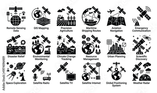 Satellite applications icon set showcasing global communication, remote sensing, navigation, environmental monitoring, and disaster relief solutions for educational and informational