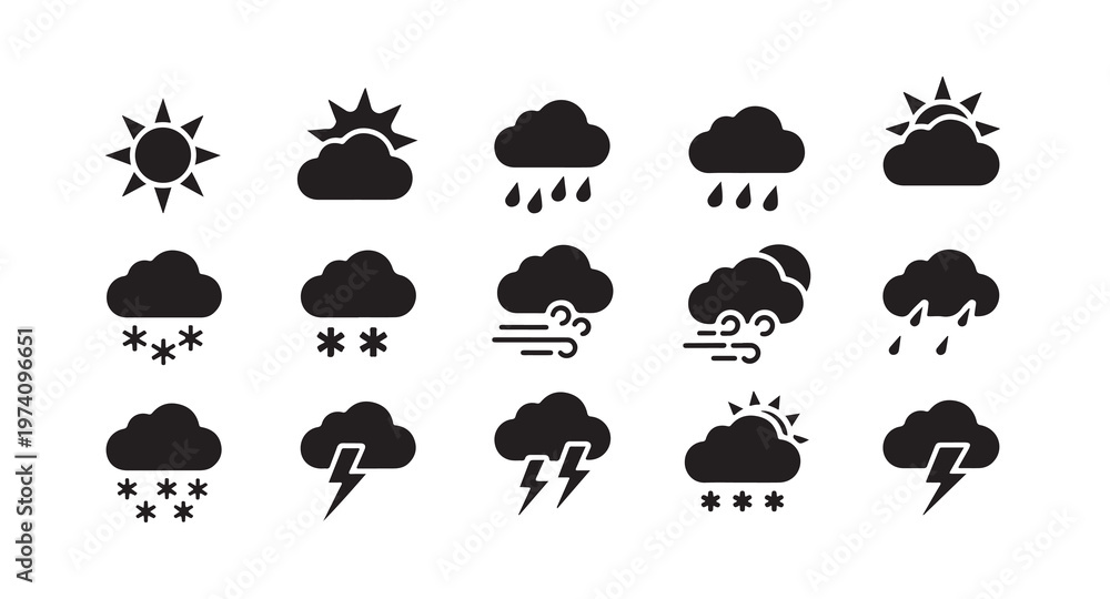 Obraz premium Collection of weather icons with sun clouds rain snow wind lightning and stormy conditions