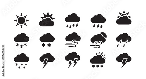 Collection of weather icons with sun clouds rain snow wind lightning and stormy conditions