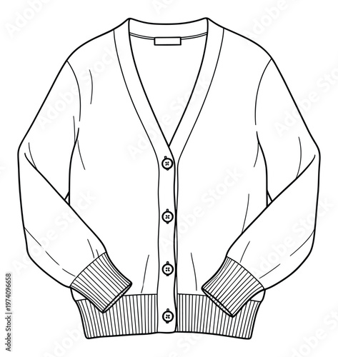 Detailed technical flat sketch of a classic vneck cardigan with front buttons and ribbed trims, ideal for fashion design, apparel production, and clothing development templates.