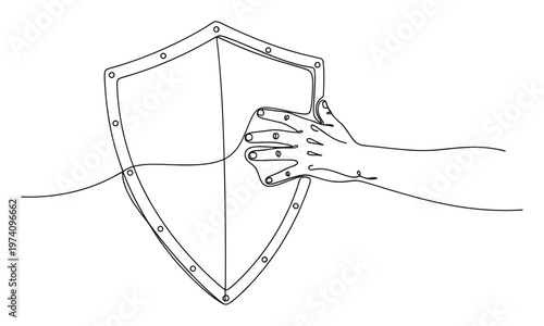 A single continuous line drawing depicting a human hand gripping a sturdy protective shield, symbolizing defense and security, perfect for various conceptual projects related to