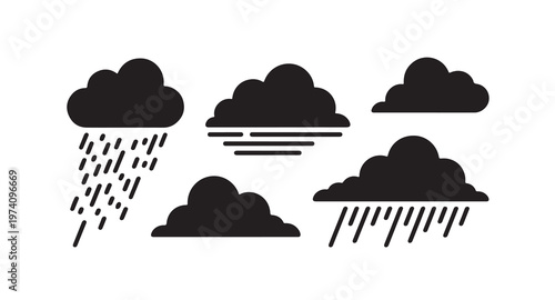 Set of dark cloud icons representing rain snow wind and stormy weather conditions vector