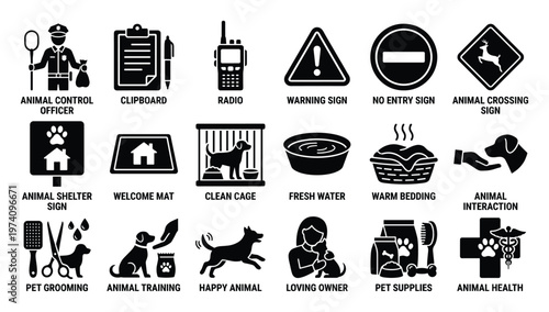 Comprehensive collection of black and white glyph icons illustrating animal control, pet care, shelter services, training, grooming, and health, ideal for various digital and print media