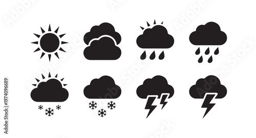 Diverse weather icons depicting sun clouds rain snow thunderstorms and lightning strikes