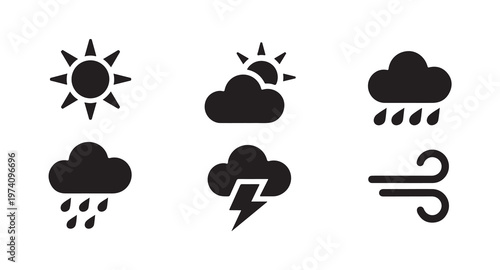 Weather icon set featuring sun clouds rain lightning and wind symbols for forecast and meteorology