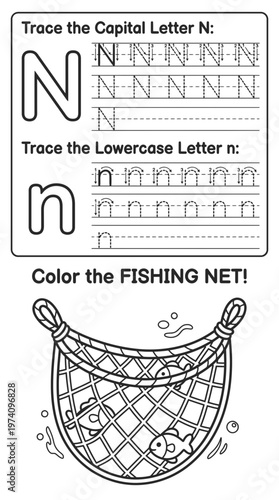 Coloring page of a Fishing Net and letter N tracing for kids, vector style black and white line art.