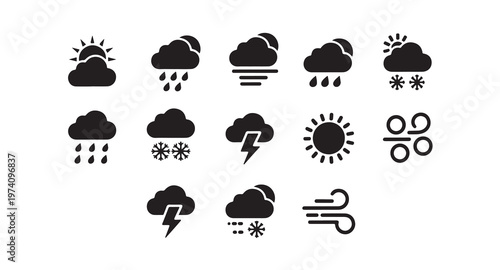 Weather forecast icons set with sun rain snow wind lightning on white background