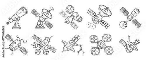 Hand drawn doodle outline icons of space technology including various satellites, telescopes, and space observation equipment for science education and technological presentations