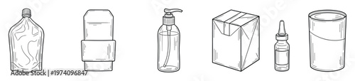 Outline drawings of various commercial liquid containers such as dispenser bottles, milk cartons, flexible pouches, small medicine vials, and food cans for graphic design projects.