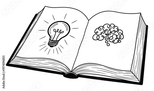 Hand drawn open book revealing a shining light bulb and a complex brain doodle symbolizing the journey from intricate thoughts to innovative ideas and enlightenment for educational
