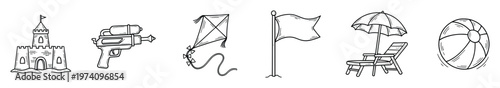 Hand drawn summer beach activity icons and leisure holiday elements perfect for vacation themed graphic projects and warm season advertisements