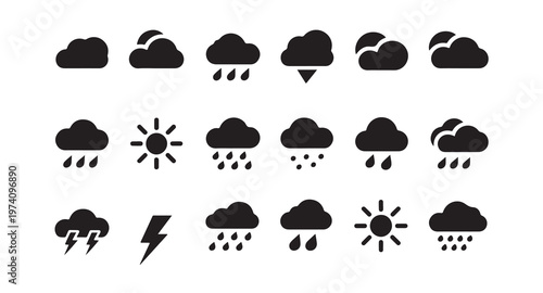 Weather forecast icon set featuring sun rain snow thunder and lightning for meteorology interface