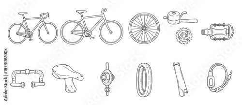 Comprehensive set of bicycle parts and full bike line icons perfect for mechanics workshops, cycling blogs, and outdoor sports publications