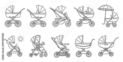 Collection of hand drawn baby carriages and diverse stroller models, ideal for infant product catalogs, childrens book illustrations, or family care website graphics.
