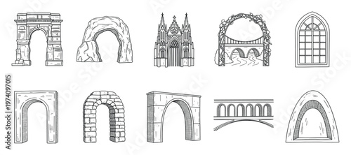 Hand drawn architectural elements featuring diverse arches bridges and historic buildings perfect for construction history or travel themed designs and educational resources