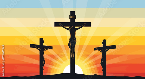 Crucifixion scene with three crosses.