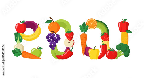 Colorful fruits and vegetables alphabet.