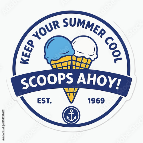 A delightful Scoops Ahoy retro-style sticker featuring two refreshing ice cream scoops in a waffle cone, perfect for summer fun and sweet treats.
