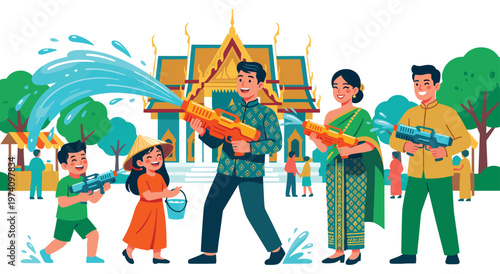 Happy people celebrating songkran festival in thailand with water guns and traditional clothing. Family having fun splashing water near temple building during thai new year summer holiday event.