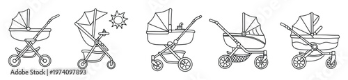 Collection of various baby strollers and prams in line art style for illustrating infant transportation needs and nursery equipment in parenting publications or childrens materials.