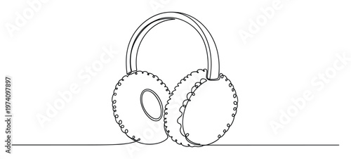 Continuous line drawing depicting warm and fluffy winter earmuffs, perfect for seasonal fashion accessories, cozy comfort designs, or cold weather apparel promotions.