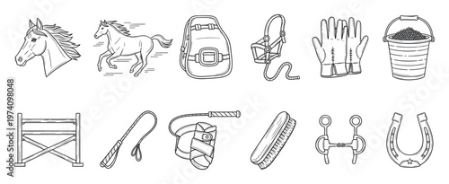 Essential equestrian lifestyle equipment and horse related accessories line art set featuring animals gear and tools ideal for design projects and educational materials about riding