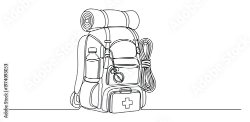Continuous line drawing of a fully equipped backpack with camping and hiking gear including a sleeping bag, water bottle, compass, rope, and first aid kit, ideal for travel and adventure