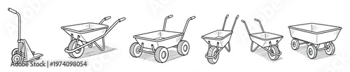 Collection of various manual material handling equipment including wheelbarrows, garden carts, and a hand truck, suitable for construction, gardening, or utility projects