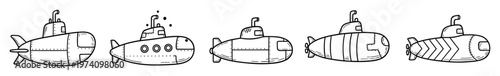 Fun collection of simple line art doodle submarines ready for use in childrens educational materials, marine themed graphics, and playful naval transport projects.
